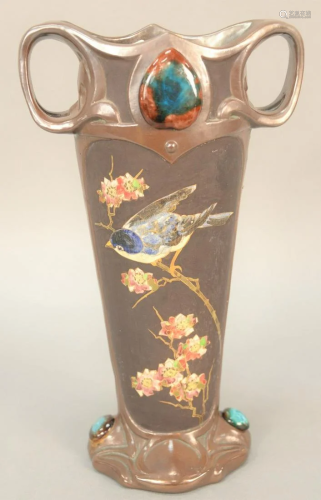 Bretby England jeweled vase, having two handles and