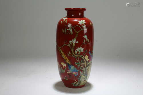 An Estate Chinese Nature-sceen Red Porcelain Vase