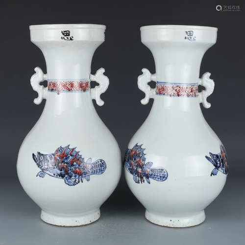 Pair of Chinese blue and white and underglazed red porcelain vase.