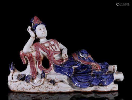 A Chinese Blue, White & Underglazed-Red Porcelain Statue.