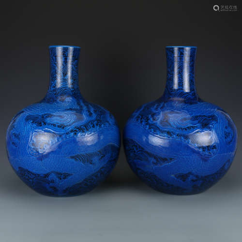 Pair Chinese Blue Glazed Porcelain Vases.