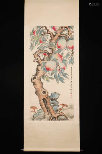 A Chinese Painting of Peaches, He Xiangning Mark