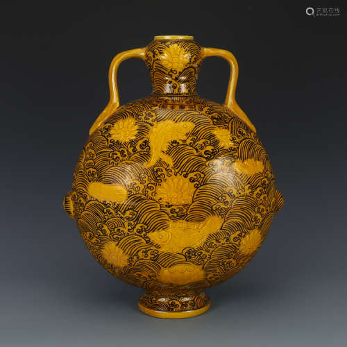 A Chinese Yellow Glazed Flat Porcelain Vase Embossed with Pattern of Fish and Algae