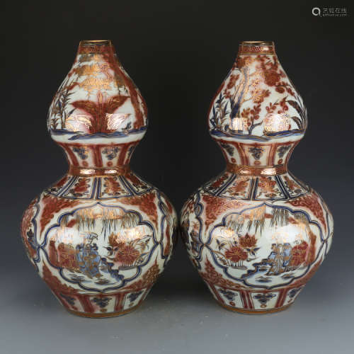 A Chinese Blue and White and Under Glaze Double Gourd Porcelain Vases.