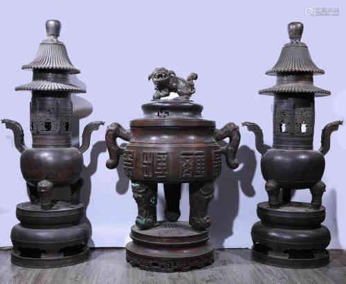 A Set of Chinese Bronze Incense Burner and Figures.