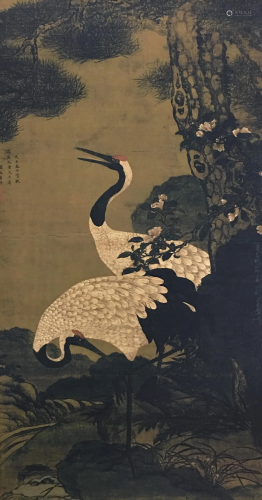 Chinese Hanginag Scroll of Red-Crowned Crane Painting