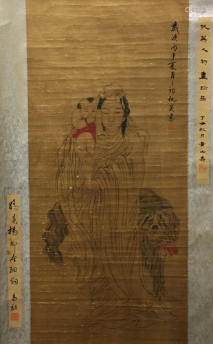 Chinese Hanging Scroll of Child-bringing Guanyin