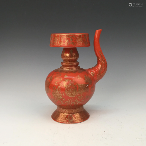 Chinese Red Glazed Pitcher, Qianlong Mark