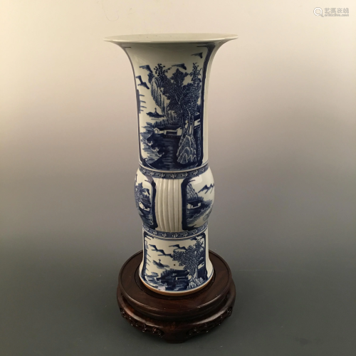 Chinese Blue-White Living Scene Gu-Shaped Vase,…