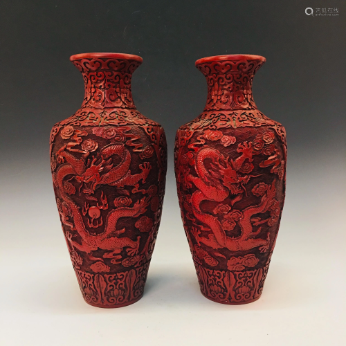 A Pair of Chinese Lacquare Ware 'Dragon' Vases,
