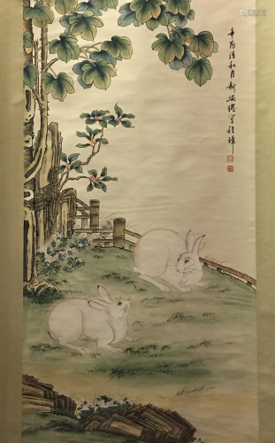 Chinese Hanging Scroll of Rabits Painting
