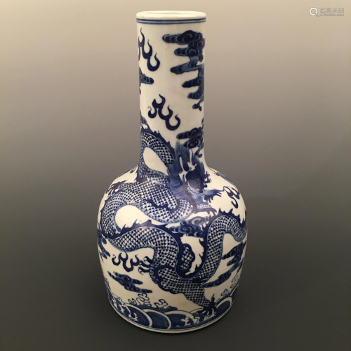 Chinese Blue-White Dragon Bottle Vase, Kangxi M…