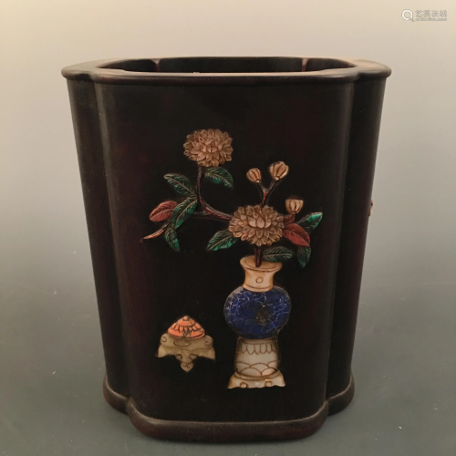 Chinese Redwood Square Brushpot Inlaid Mother…
