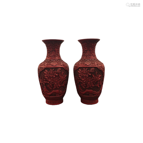 pair Chinese Carved Lacquer Vases with Qinglong …