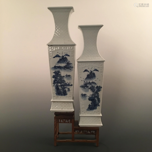 Pair of Chinese Blue-White 'Landscape' Square Vase