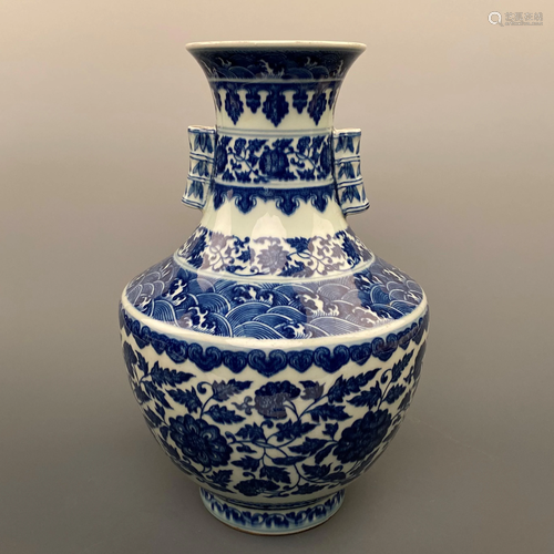 Chinese Blue-White Figured Vase with Ears 'Qianl…