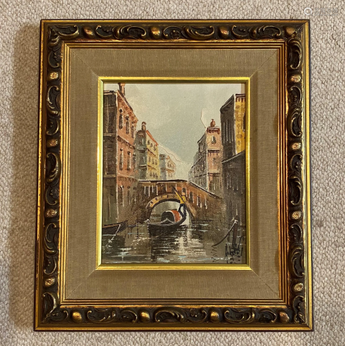 Oil Painting of Boat & Bridge in an Old Town with Fr…