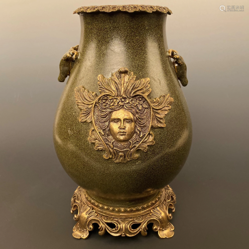 Green Glazed Vase with Gilt Bronze Rim and Carving