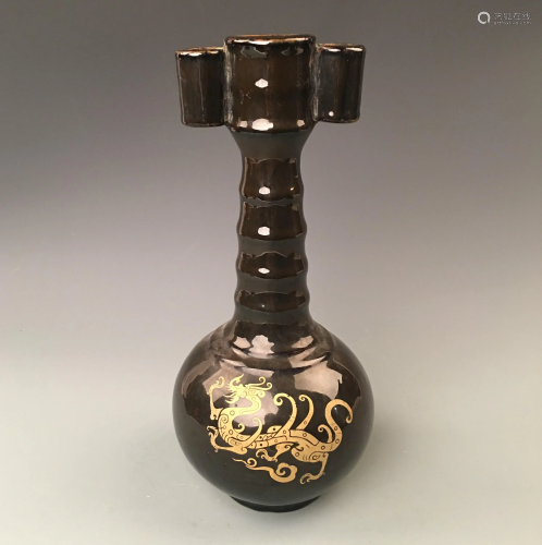 Chinese Black Glazed Vase with Golden Dragon & P…