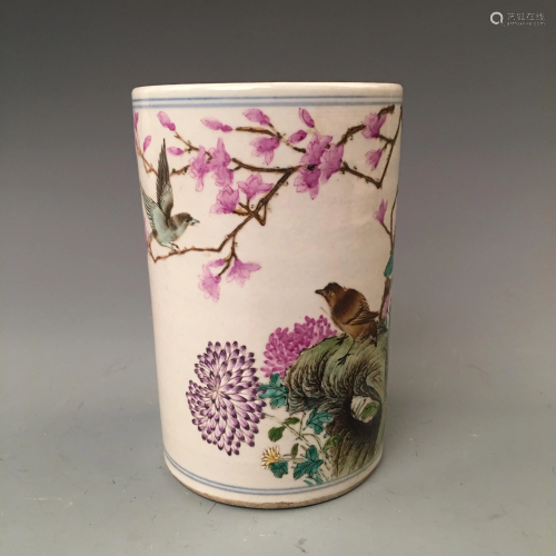 Chinese Famille Rose 'Flower & Bird' Brush Pot