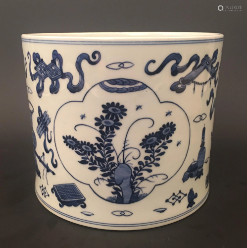 Chinese Blue and White Brush Pot with Kangxi Mark
