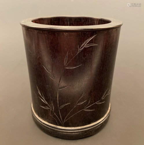 Chinese Redwood 'Bamboo' Engraved Brush Pot
