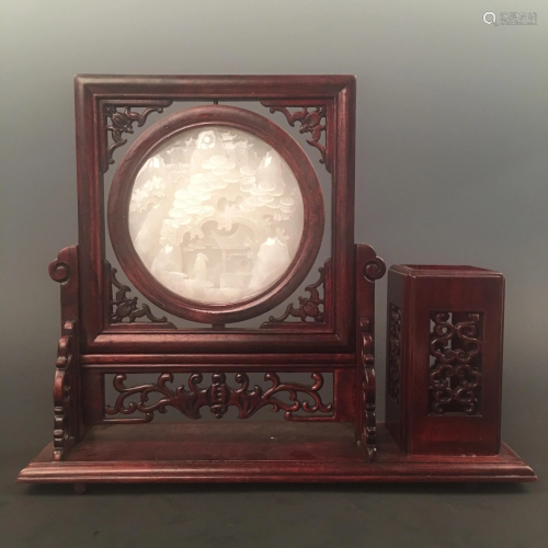 Chinese Jade Table Screen with Brush Holder