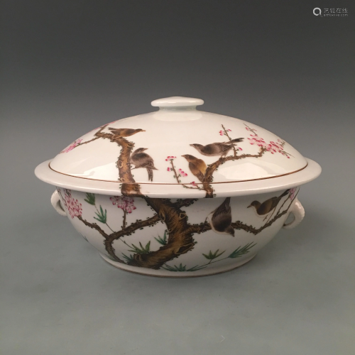 Chinese Famille Rose Bird Bowl with Cover