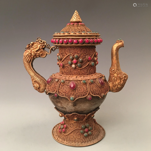 Chinese Gilded Bronze Gem Inlaid Wine Pot