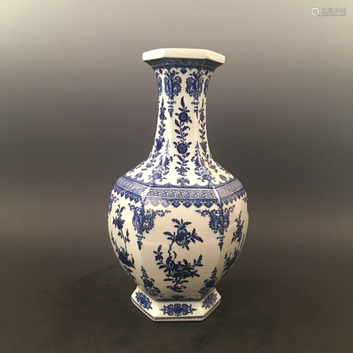Chinese Blue and White Flower Vase with Qianlong Mark