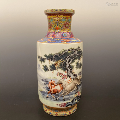 Chinese Famille Rose 'Horses' Vase 'Qianlong' Mark