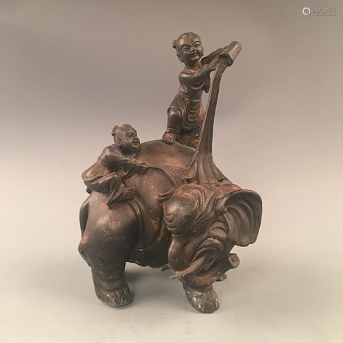 Chinese Bronze Statue of Two Children Washing Elep…