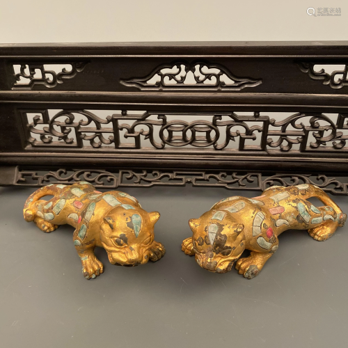 Pair of Chinese Gilded Bronze Leopards with Turquoi…
