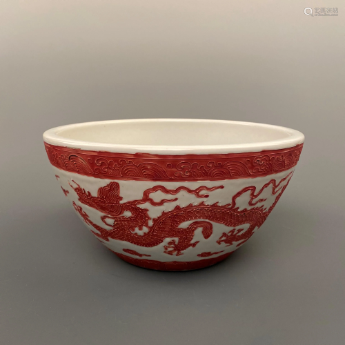 Chinese Red Glazed Dragon Bowl with Xuande Mark