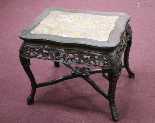 Qing Wood Carved Table W/ Marble Top