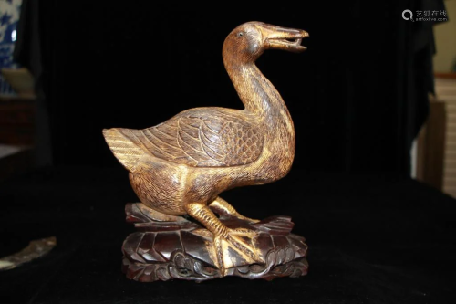 Old Chinese Wood Carved Duck Statue