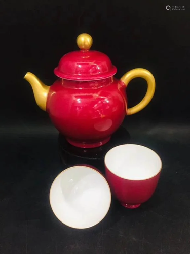 Red Porcelain Tea Pot & 2 Cups