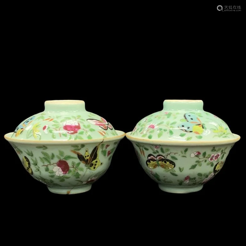 Lot of 2 Chinese Fencai Porcelain Tea Bowl W/ Lids