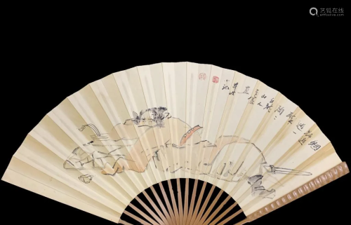 Chinese Watercolor Panting & Calligraphy Fan