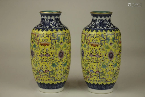 Pair of Qianlong Wucai Porcelain Vases