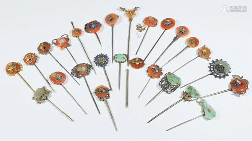 26 Chinese Silver, Jadeite, Agate Hairpins, 19th C