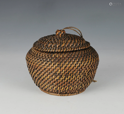 Chinese Rattan Basket w/ Good Luck Coins, 19th C