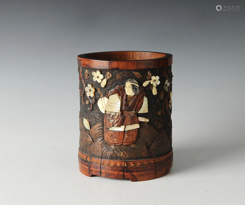 Japanese Bamboo Brush Pot w/ Mother of Pearl Inlay