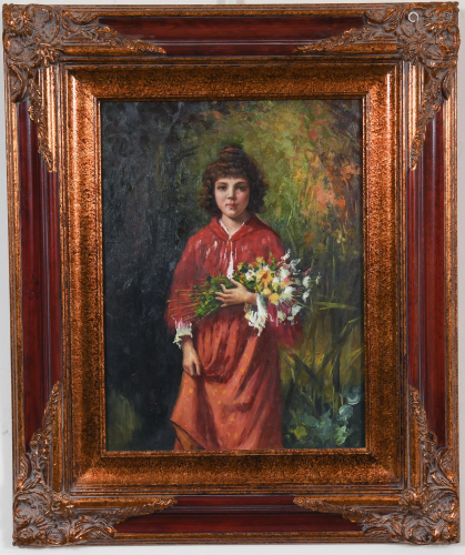 Unsigned Oil on Board of Girl with Flowers