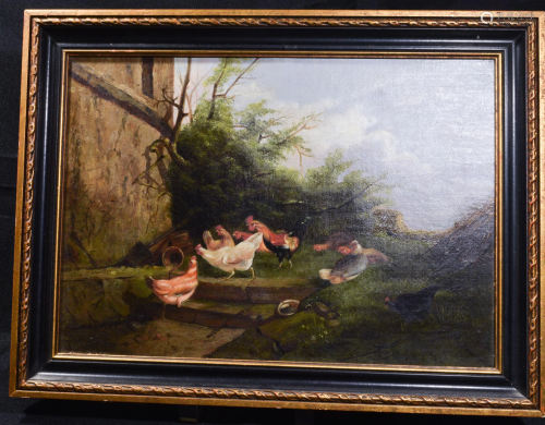 Oil on Canvas of Chickens, 19th Century