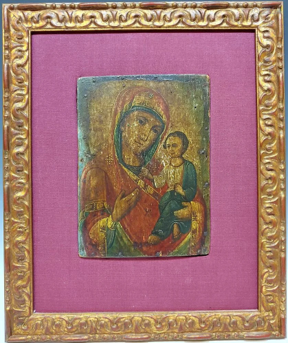 19th C Oil on Wood Panel Icon Theotokos