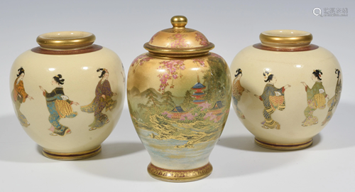 (3) Japanese Satsuma Porcelain Vases Meiji Period