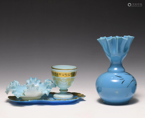 (4) Pieces of Blue Victorian Art Glass