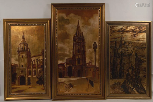 (3) Gold Foil Paintings of Cathedrals