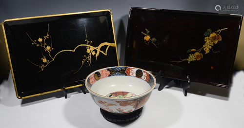 (3) Japanese Lacquer Trays, Imari Bowl